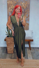 Load image into Gallery viewer, Elegant goddess maxi dress with front slit and deep v neckline.