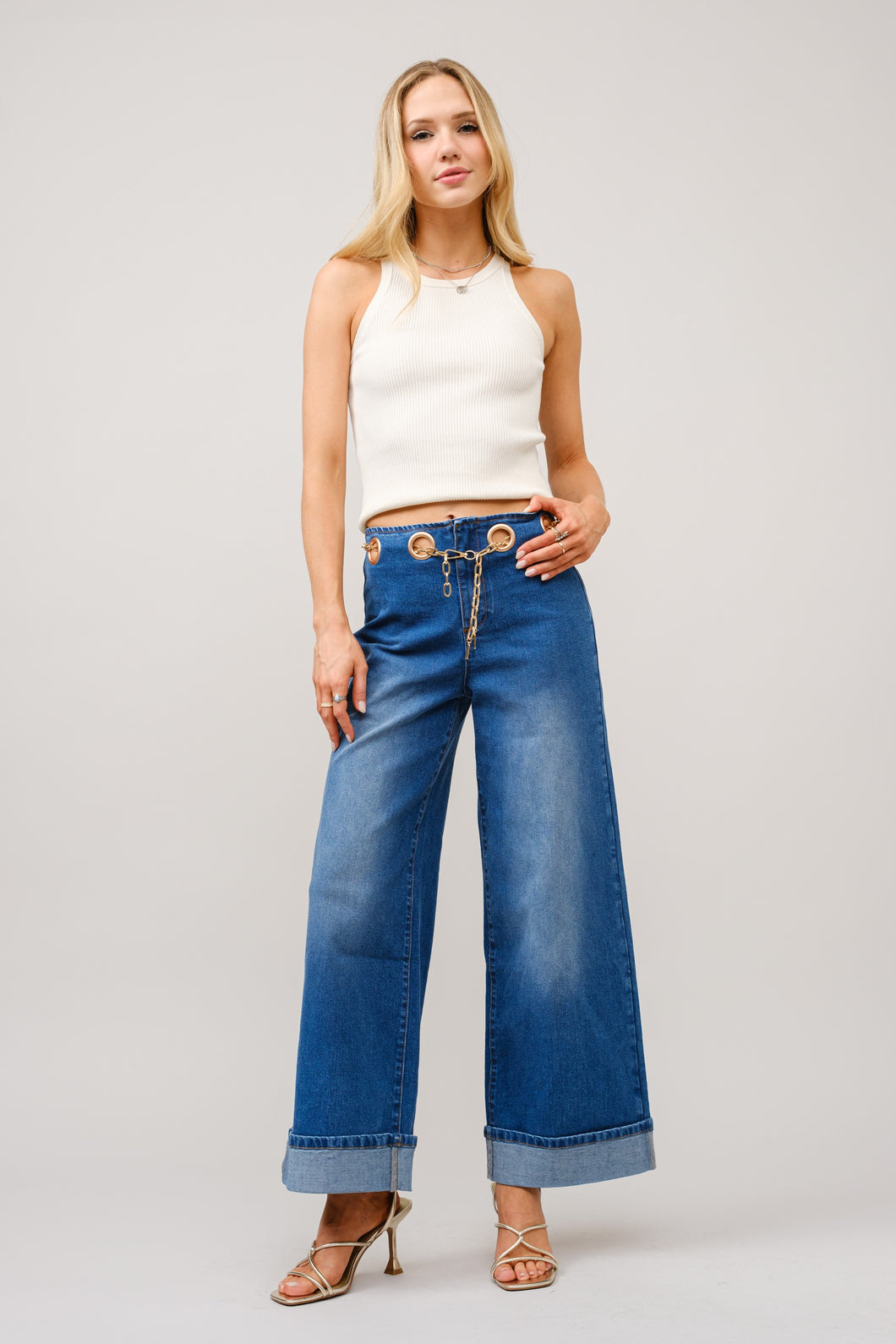 NERIDA GOLD CHAIN BELT DENIM