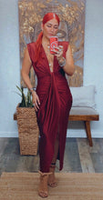 Load image into Gallery viewer, GODDESS DEEP V DRESS - SOPHISTICATED DRAPED MIDI DRESS WITH SHOULDER PADS
