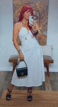 Load image into Gallery viewer, REYLA MINI DOT FLOWER BOW MIDI DRESS
