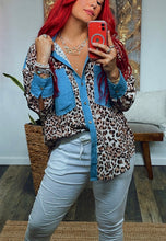 Load image into Gallery viewer, BENIN DENIM + ANIMAL PRINT BLOUSE
