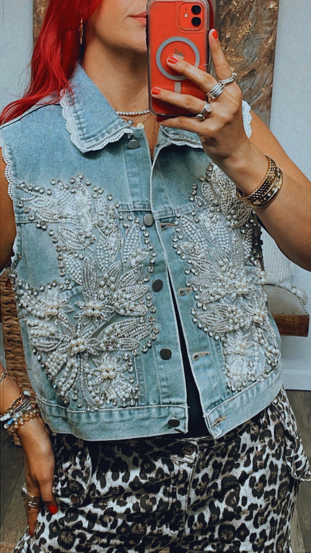 DOLCE PEARL & CRYSTAL DENIM VEST