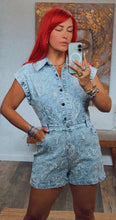 Load image into Gallery viewer, MATEO SEQUIN FLOWERS DENIM ROMPER
