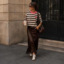 Load image into Gallery viewer, Women's brown striped T-Shirt with pink contrast neckline and lobster rubber appliqué. 
