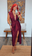 Load image into Gallery viewer, GODDESS DEEP V DRESS - SOPHISTICATED DRAPED MIDI DRESS WITH SHOULDER PADS
