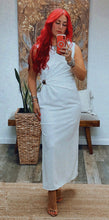 Load image into Gallery viewer, GRECIA DRAPPED GOLD ACCENT MIDI DRESS
