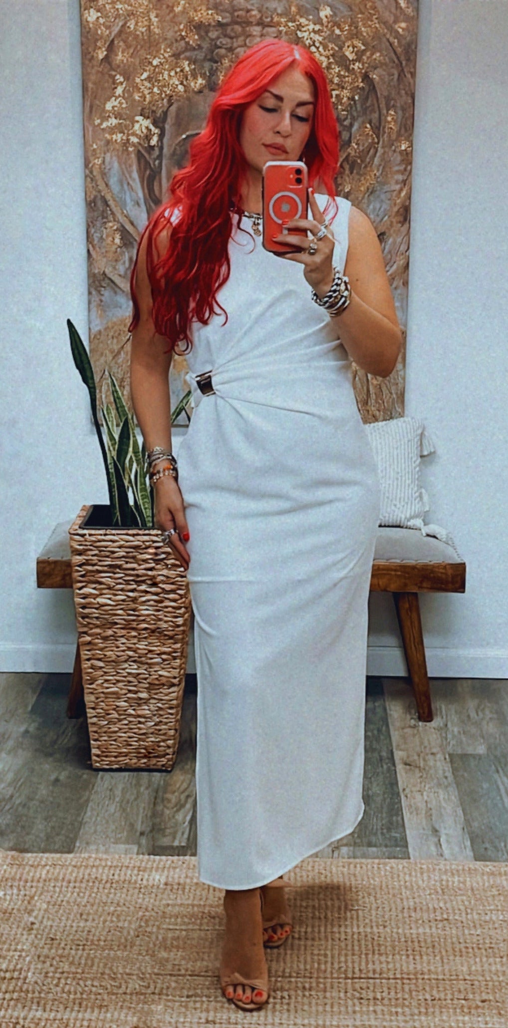 GRECIA DRAPPED GOLD ACCENT MIDI DRESS