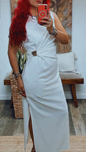 Load image into Gallery viewer, GRECIA DRAPPED GOLD ACCENT MIDI DRESS
