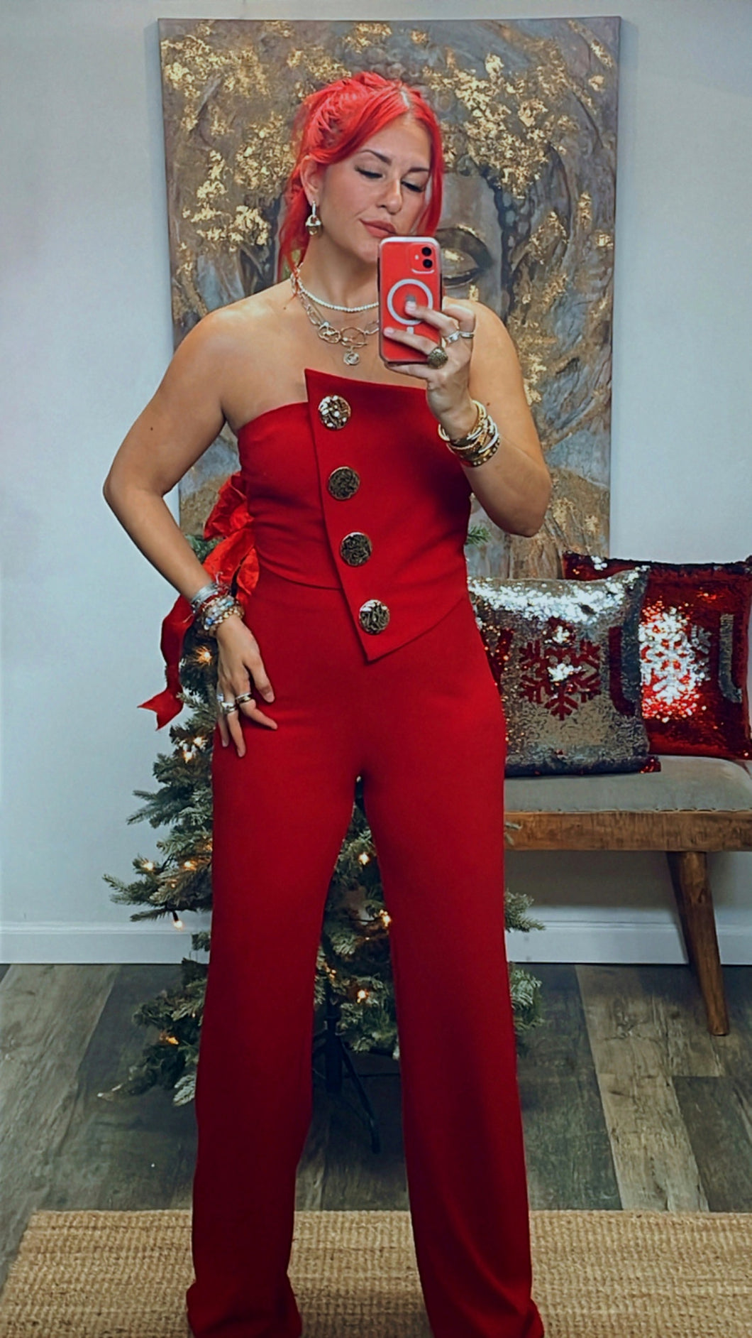 OFF SHOULDER BUTTON TRIM JUMPSUIT