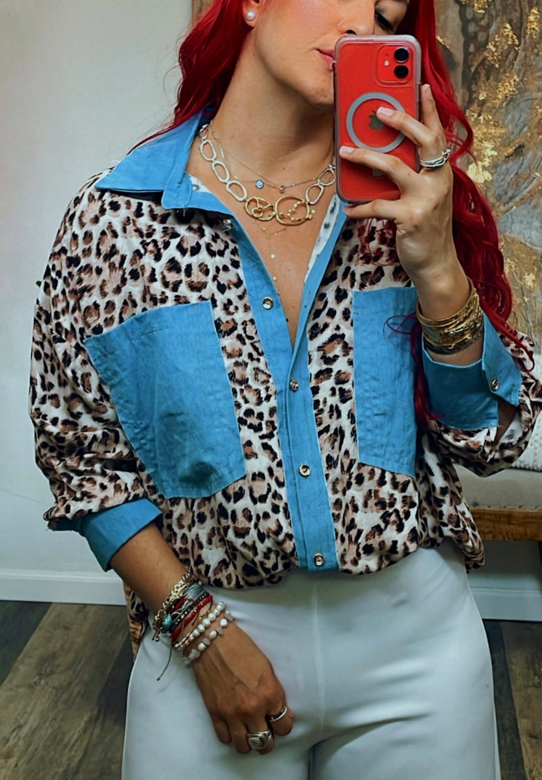 BENIN DENIM + ANIMAL PRINT BLOUSE