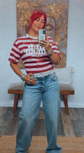 Load image into Gallery viewer, Oversized Round-neck graphic tee with burgundy and pink stripes.
