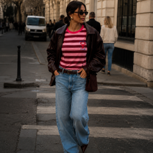 Load image into Gallery viewer, Pink Women's striped T-Shirt with contrast neckline and Amalfi rubber appliqué. 
