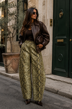 Load image into Gallery viewer, OLIVE SNAKESKIN HIGH RISE BARREL PANTS 

