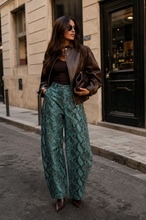 Load image into Gallery viewer, TEAL SNAKESKIN HIGH RISE BARREL PANTS 
