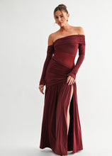 Load image into Gallery viewer, BOHO-GLAM RUCHED OFF SHOULDER MAXI DRESS
