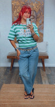 Load image into Gallery viewer, Oversized Round-neck graphic tee with burgundy and pink stripes.
